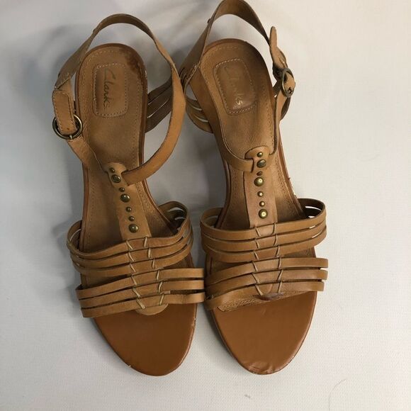Clarks Strappy T Strap Open Toe Cork Wedges - Picture 1 of 7